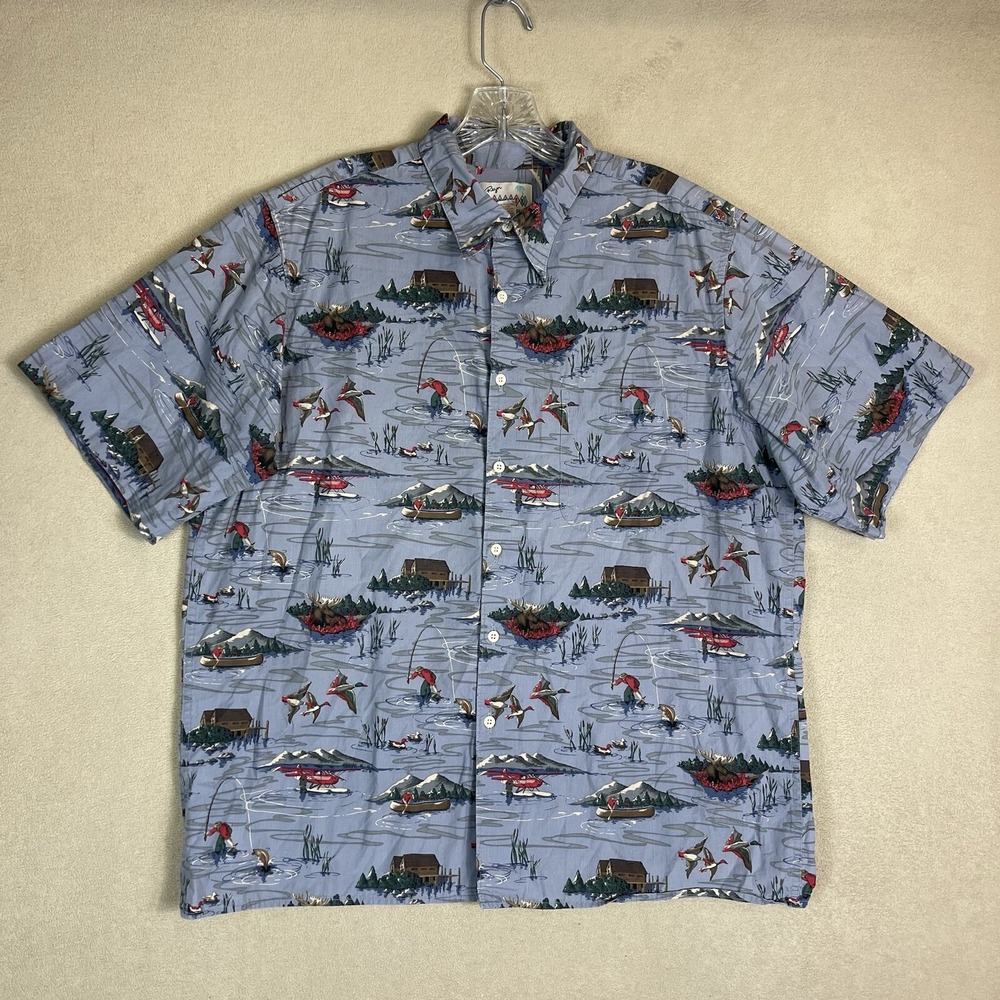 Reyn Spooner Shirt Mens Large Blue Hawaiian Button Up Fisherman Shirt